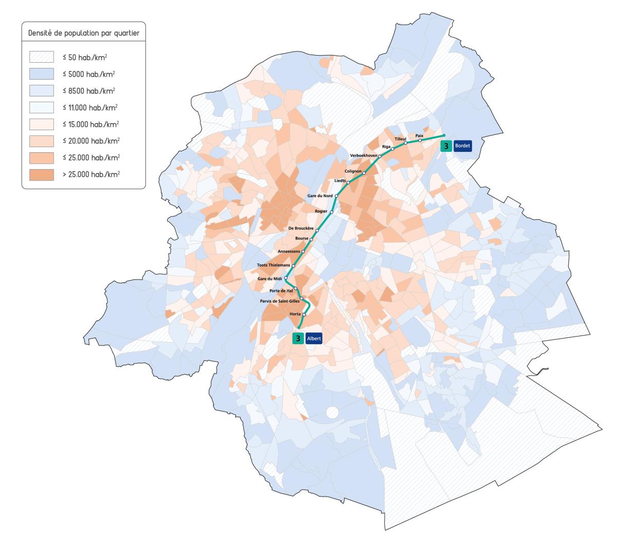 Le métro 3 sur une carte de densité de la population