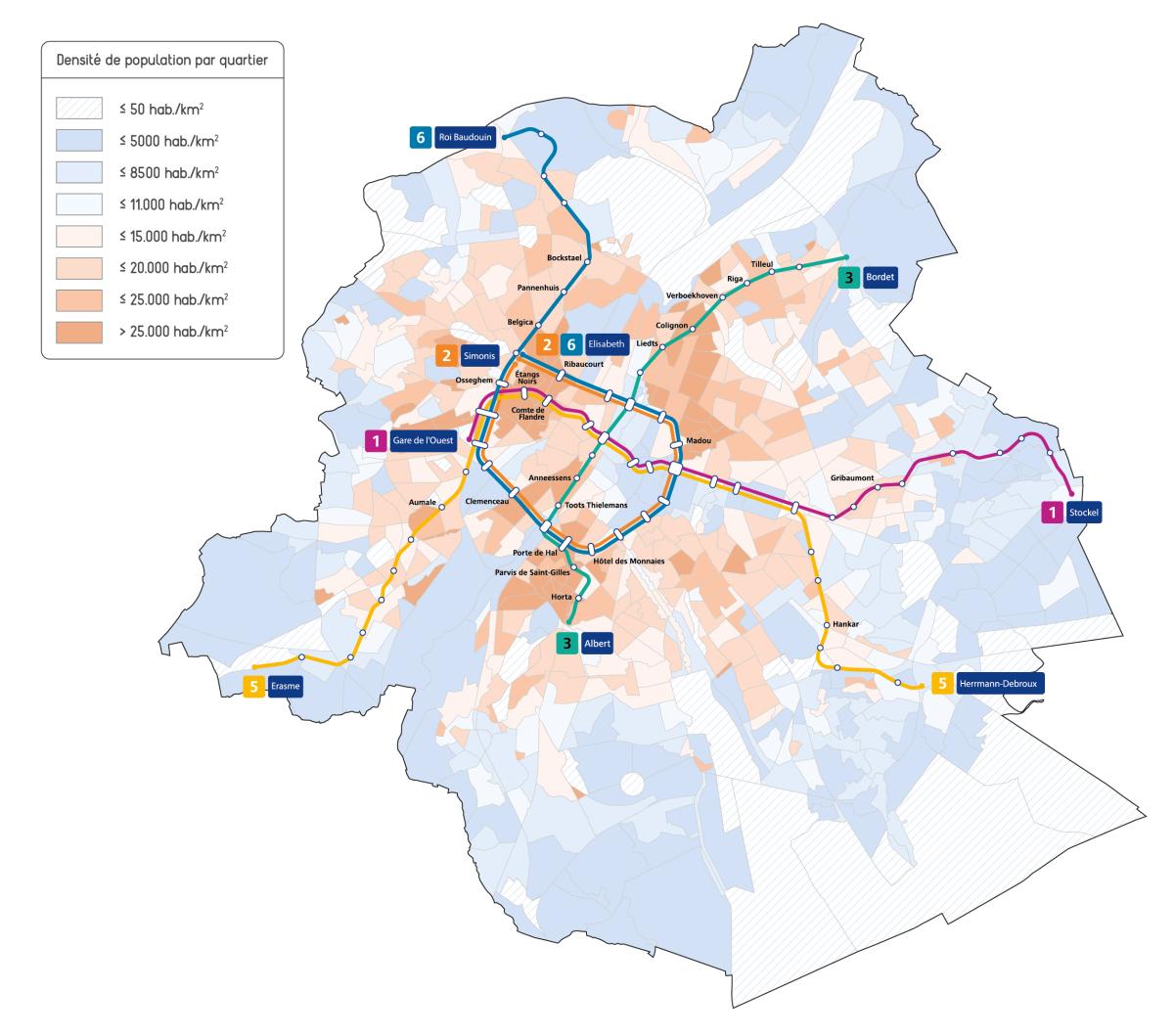 Plan du métro sur une carte de la densité de population