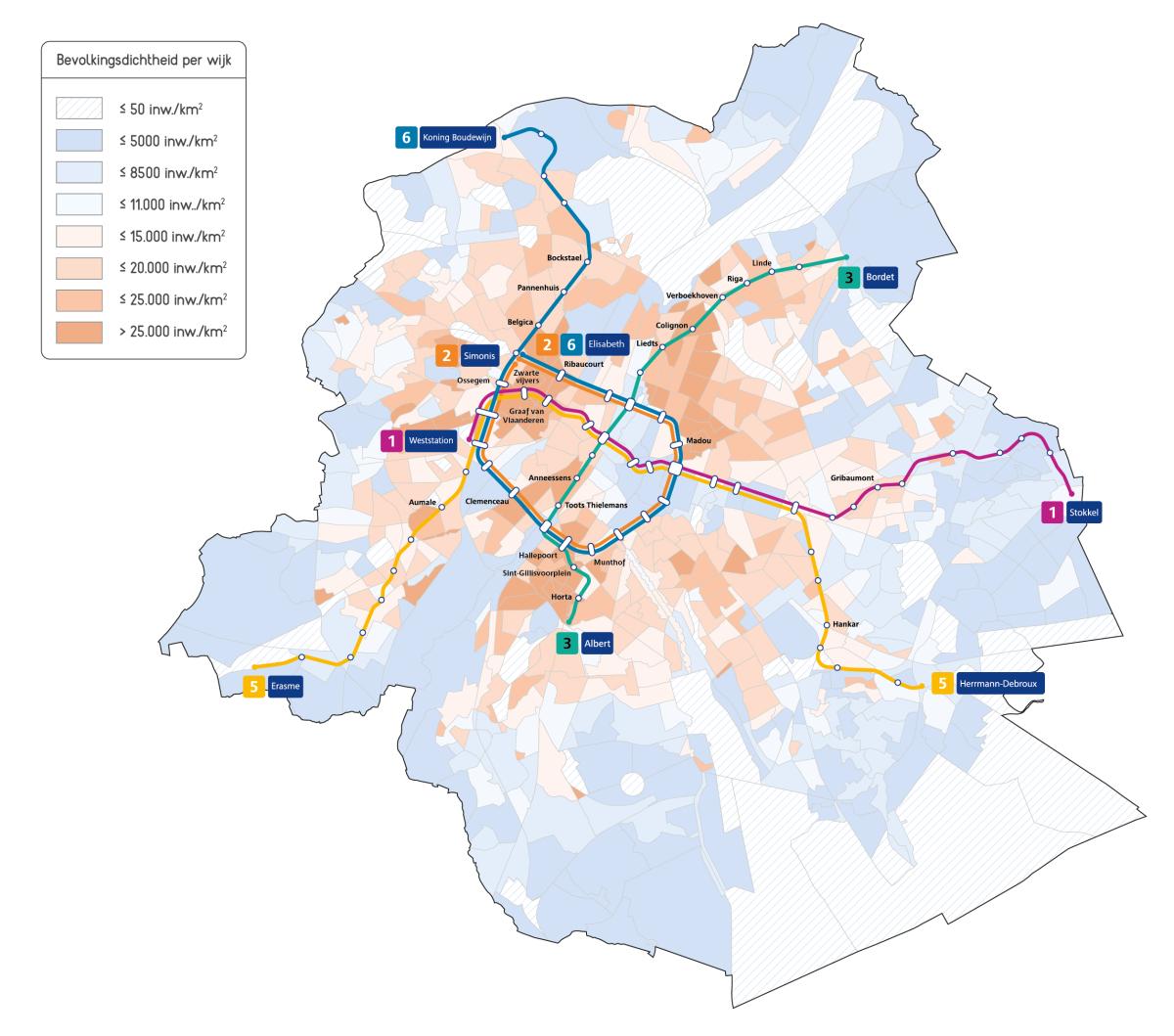 Metroplan op de kaart met de bevolkingsdichtheid